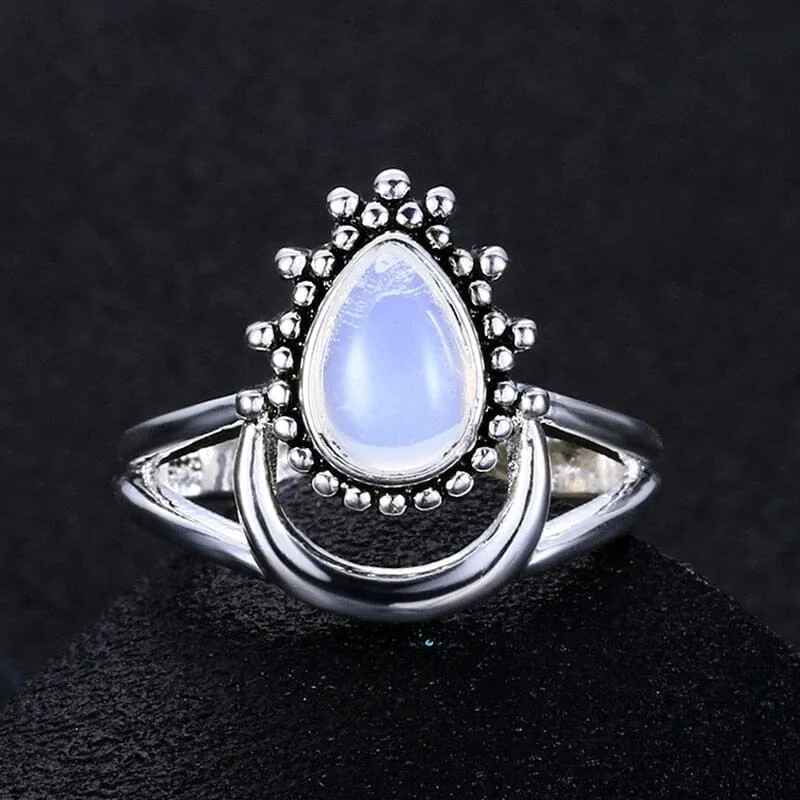 Charm Large Antique Marquise Created Moonstone Ring - 925 Sterling Silver