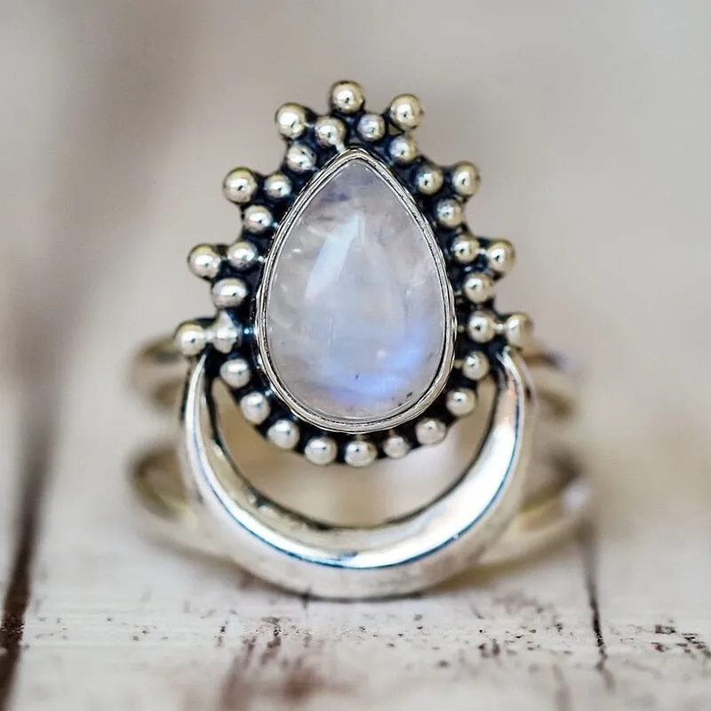 Charm Large Antique Marquise Created Moonstone Ring - 925 Sterling Silver