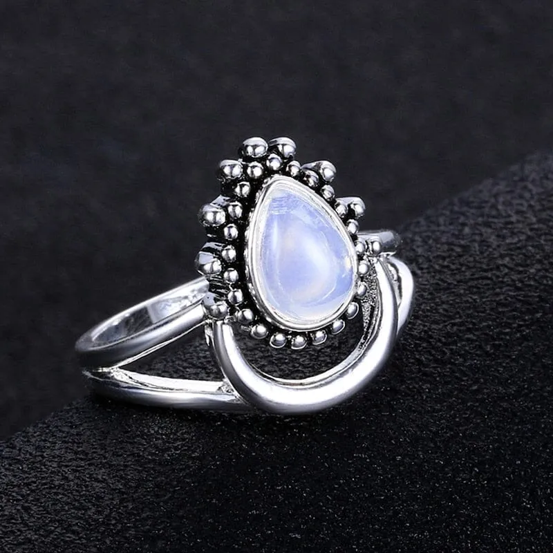 Charm Large Antique Marquise Created Moonstone Ring - 925 Sterling Silver