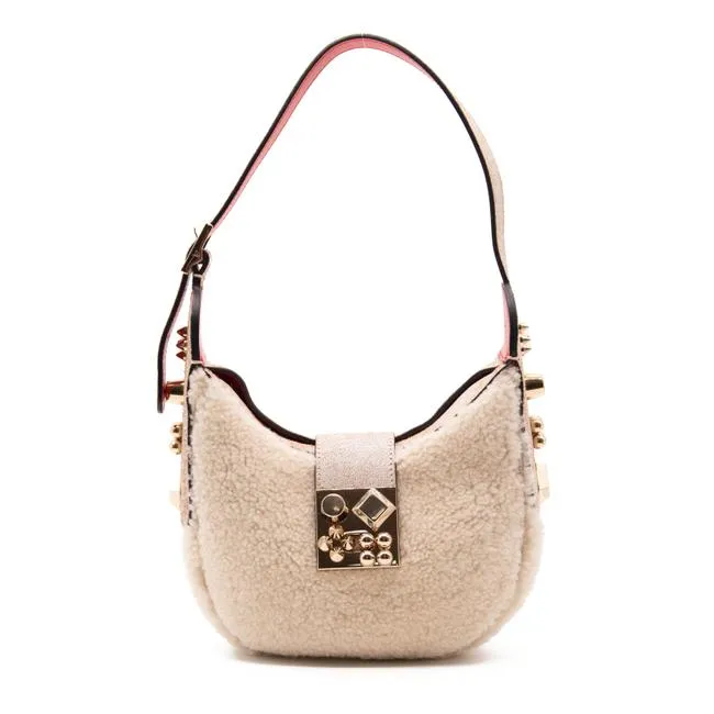 Christian Louboutin Carasky Mini Studded White Shearling Wool Shoulder Bag