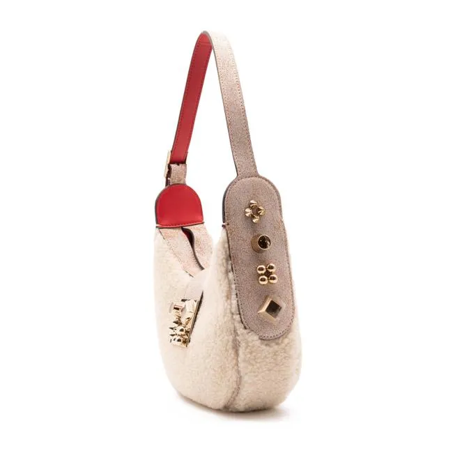 Christian Louboutin Carasky Mini Studded White Shearling Wool Shoulder Bag