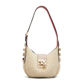 Christian Louboutin Carasky Mini Studded White Shearling Wool Shoulder Bag