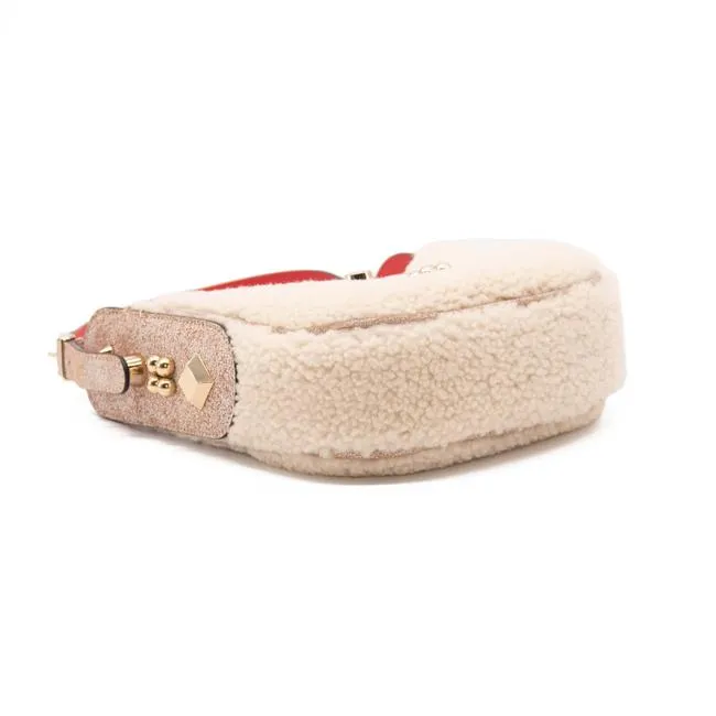 Christian Louboutin Carasky Mini Studded White Shearling Wool Shoulder Bag