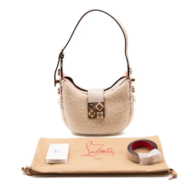 Christian Louboutin Carasky Mini Studded White Shearling Wool Shoulder Bag