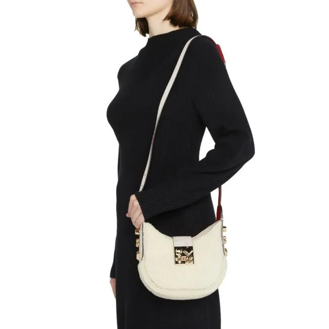 Christian Louboutin Carasky Mini Studded White Shearling Wool Shoulder Bag