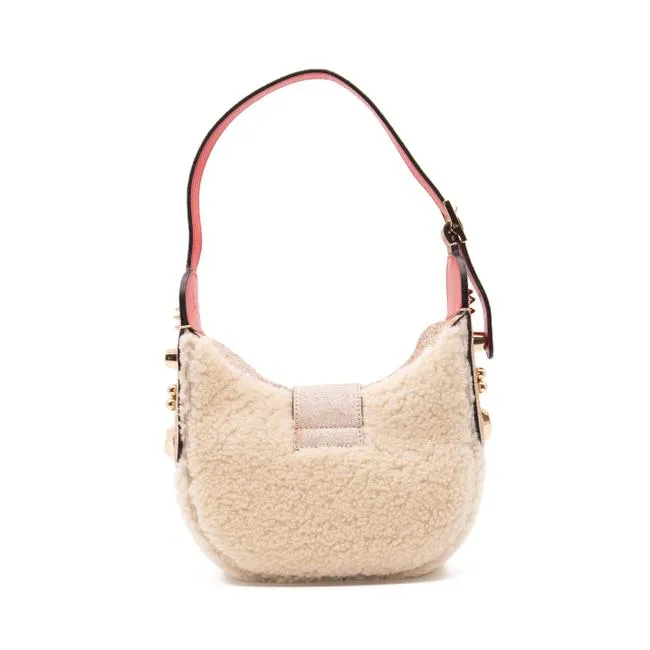 Christian Louboutin Carasky Mini Studded White Shearling Wool Shoulder Bag