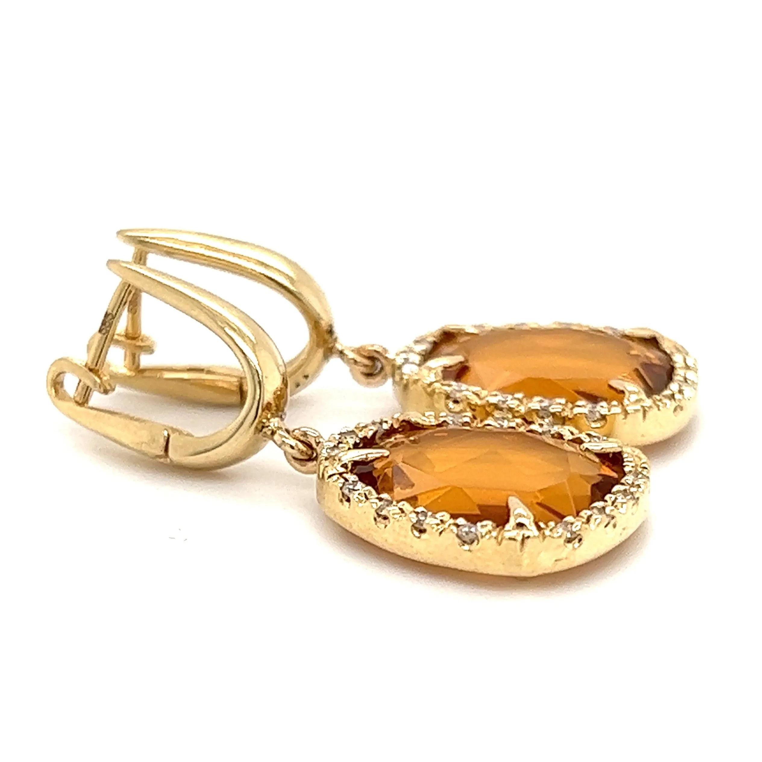 Citrine Dangle Earrings with Thirty Diamonds  in 14K Yellow Gold