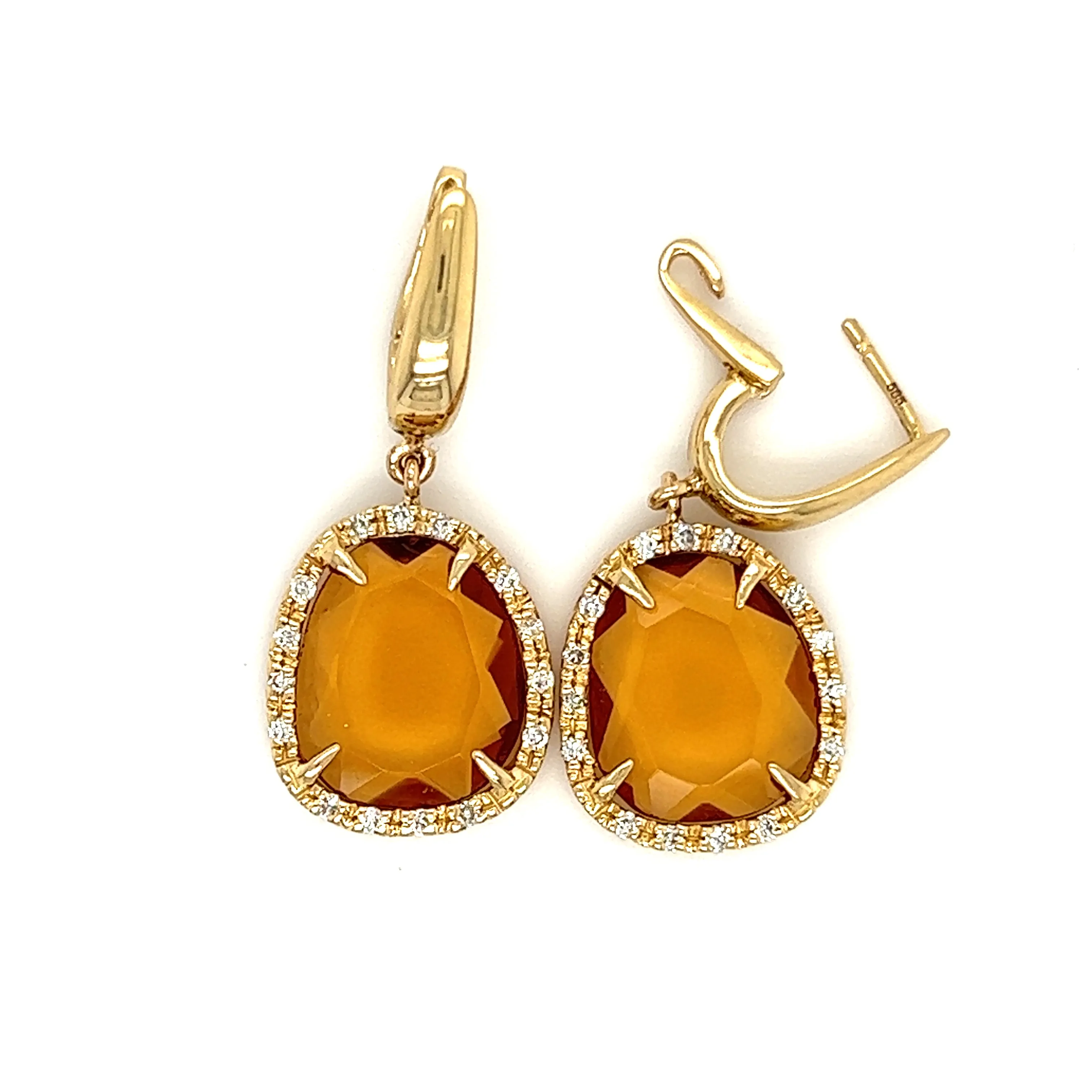 Citrine Dangle Earrings with Thirty Diamonds  in 14K Yellow Gold