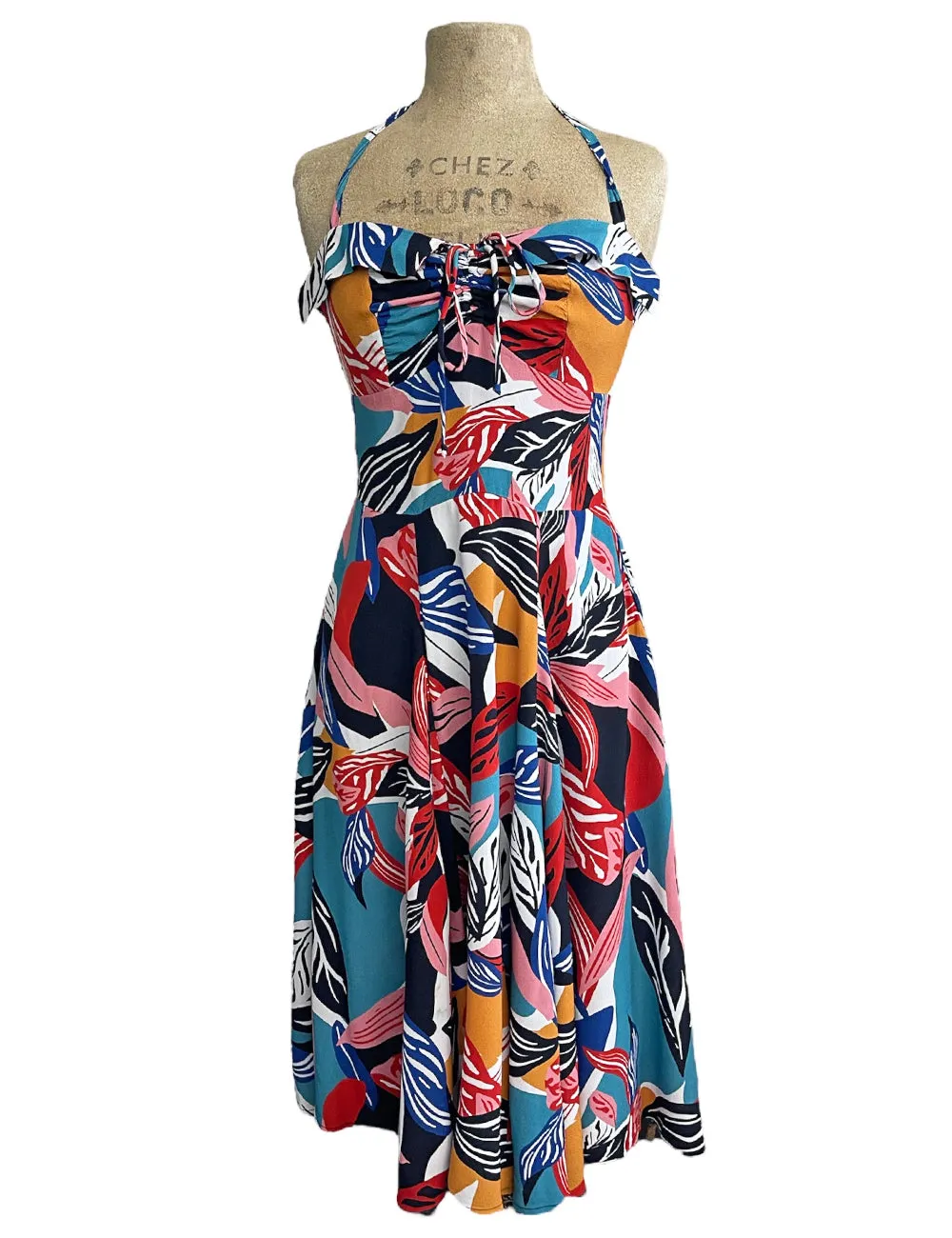 Colorful Tropical Leaves 1940s Marta Halter Swing Dress