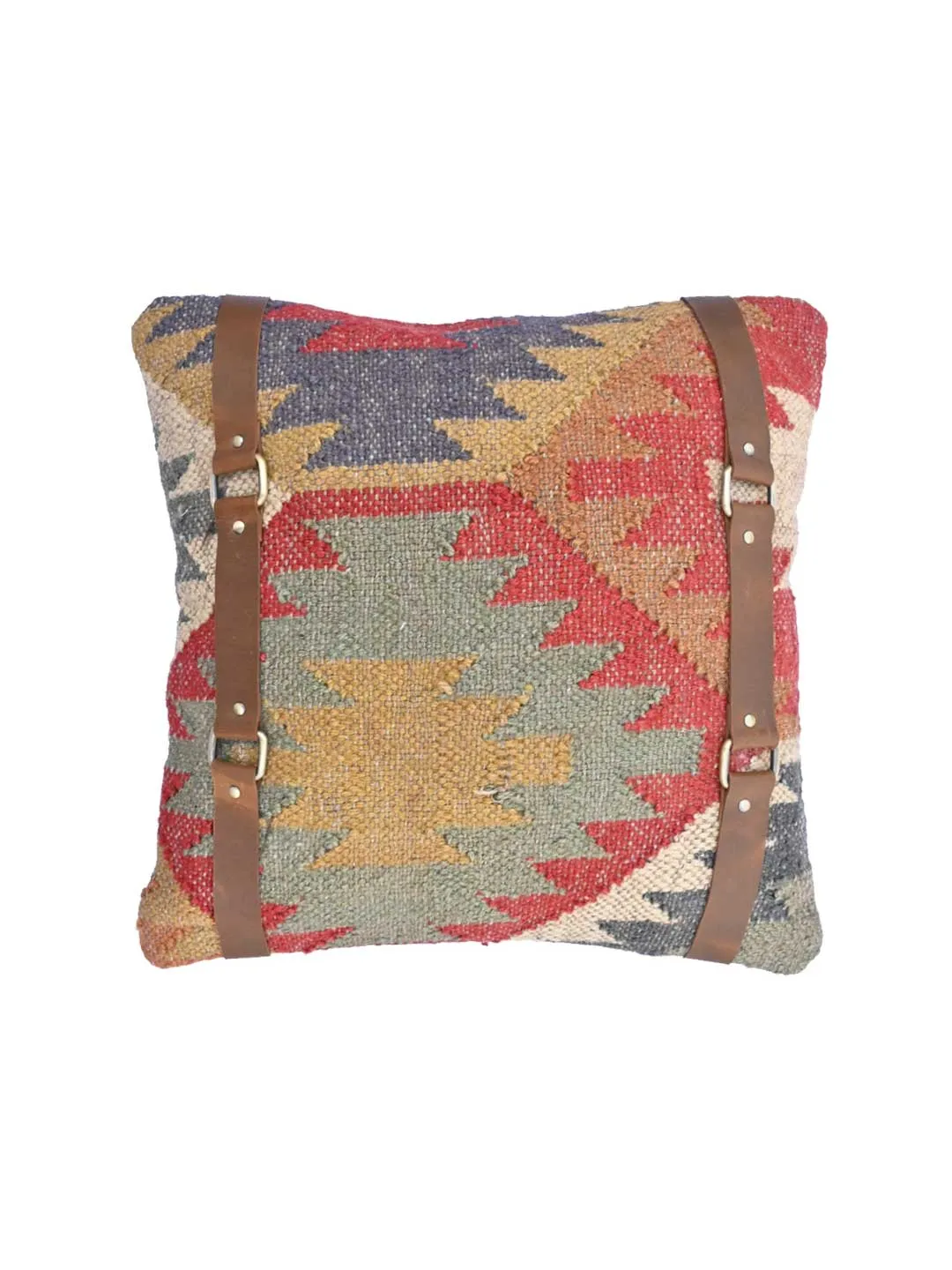 DALE KILIM IKAT & LEATHER CUSHION COVER