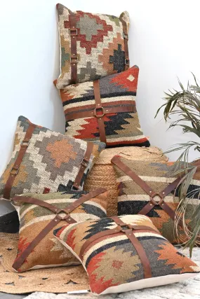 DALE KILIM IKAT & LEATHER CUSHION COVER