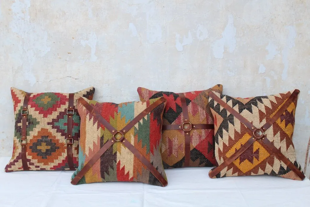 DALE KILIM IKAT & LEATHER CUSHION COVER