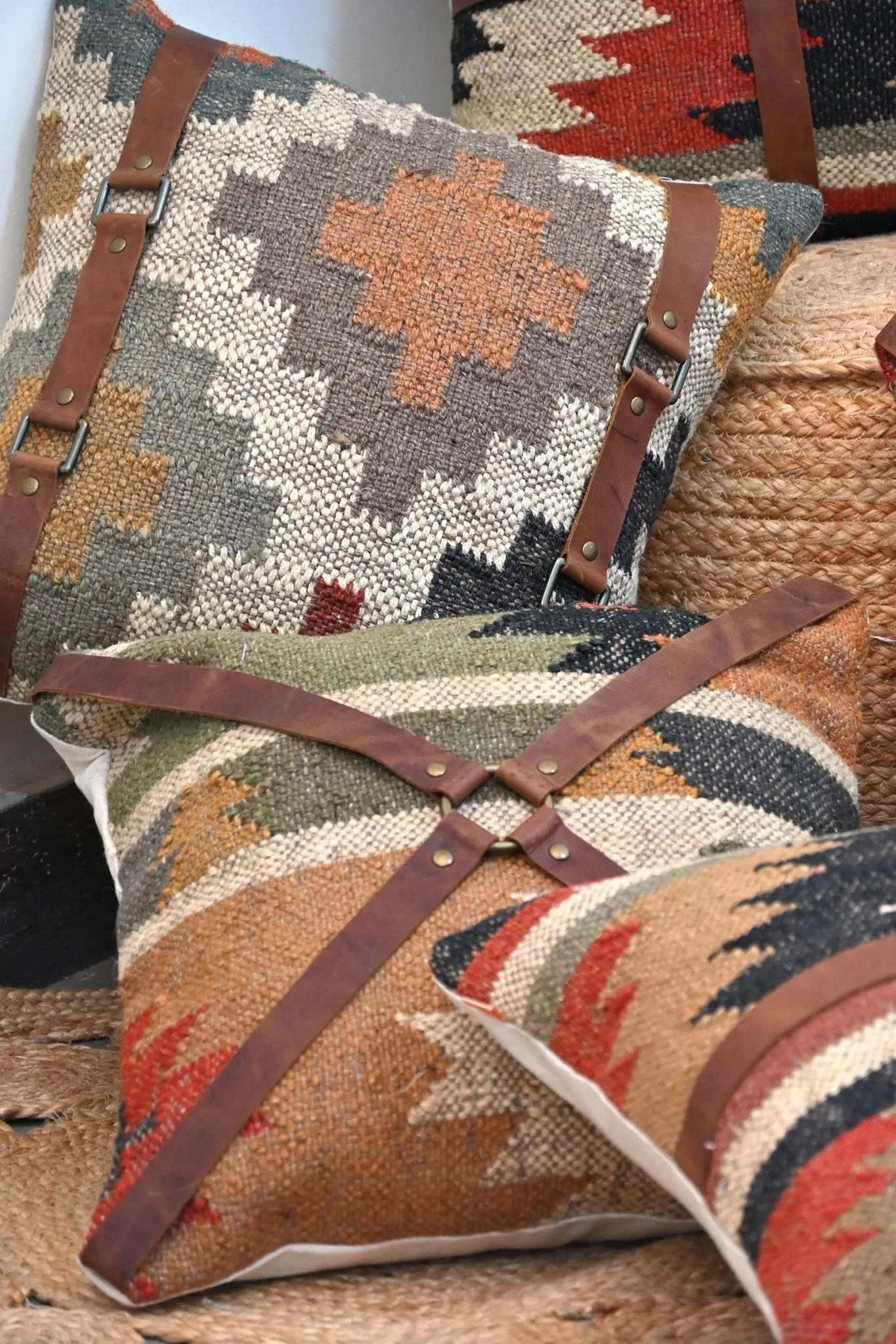 DALE KILIM IKAT & LEATHER CUSHION COVER