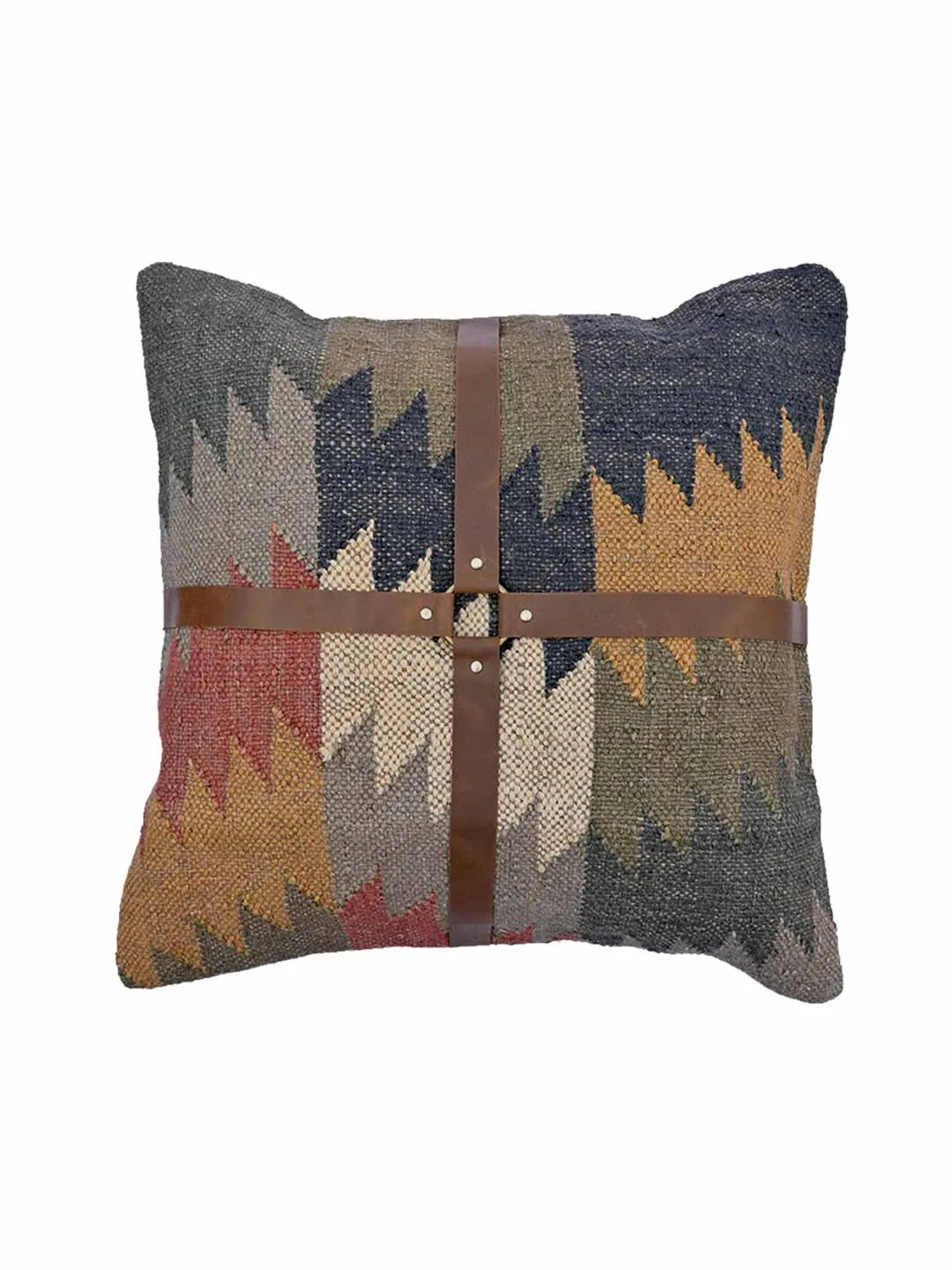 DALE KILIM IKAT & LEATHER CUSHION COVER