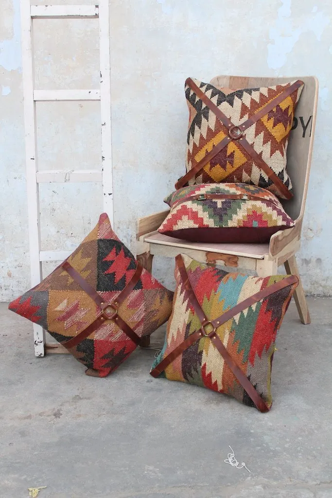 DALE KILIM IKAT & LEATHER CUSHION COVER