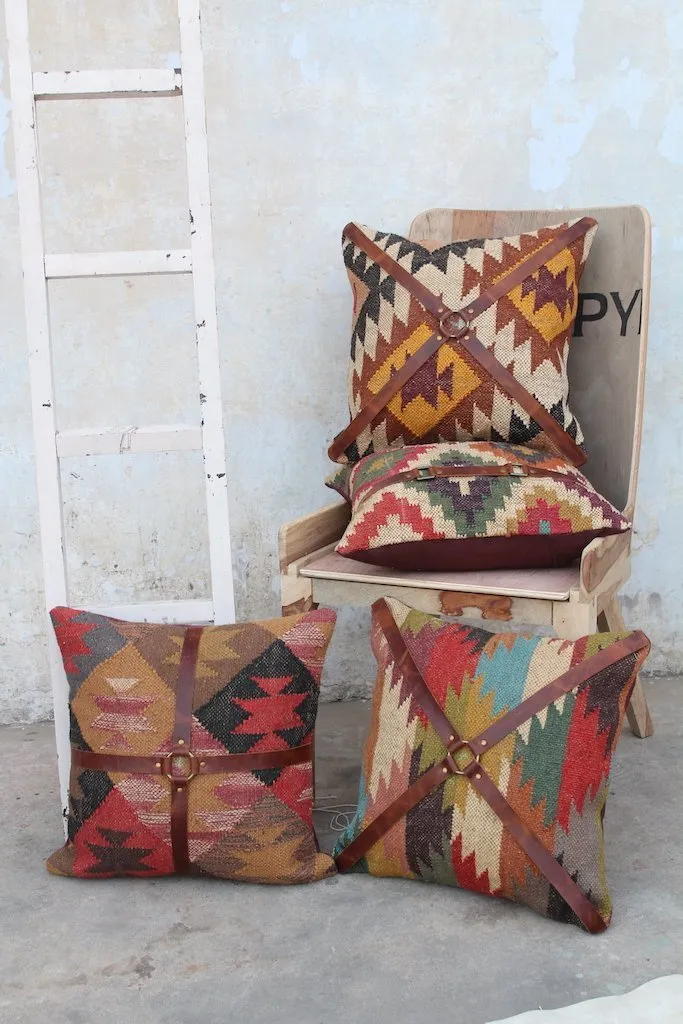 DALE KILIM IKAT & LEATHER CUSHION COVER