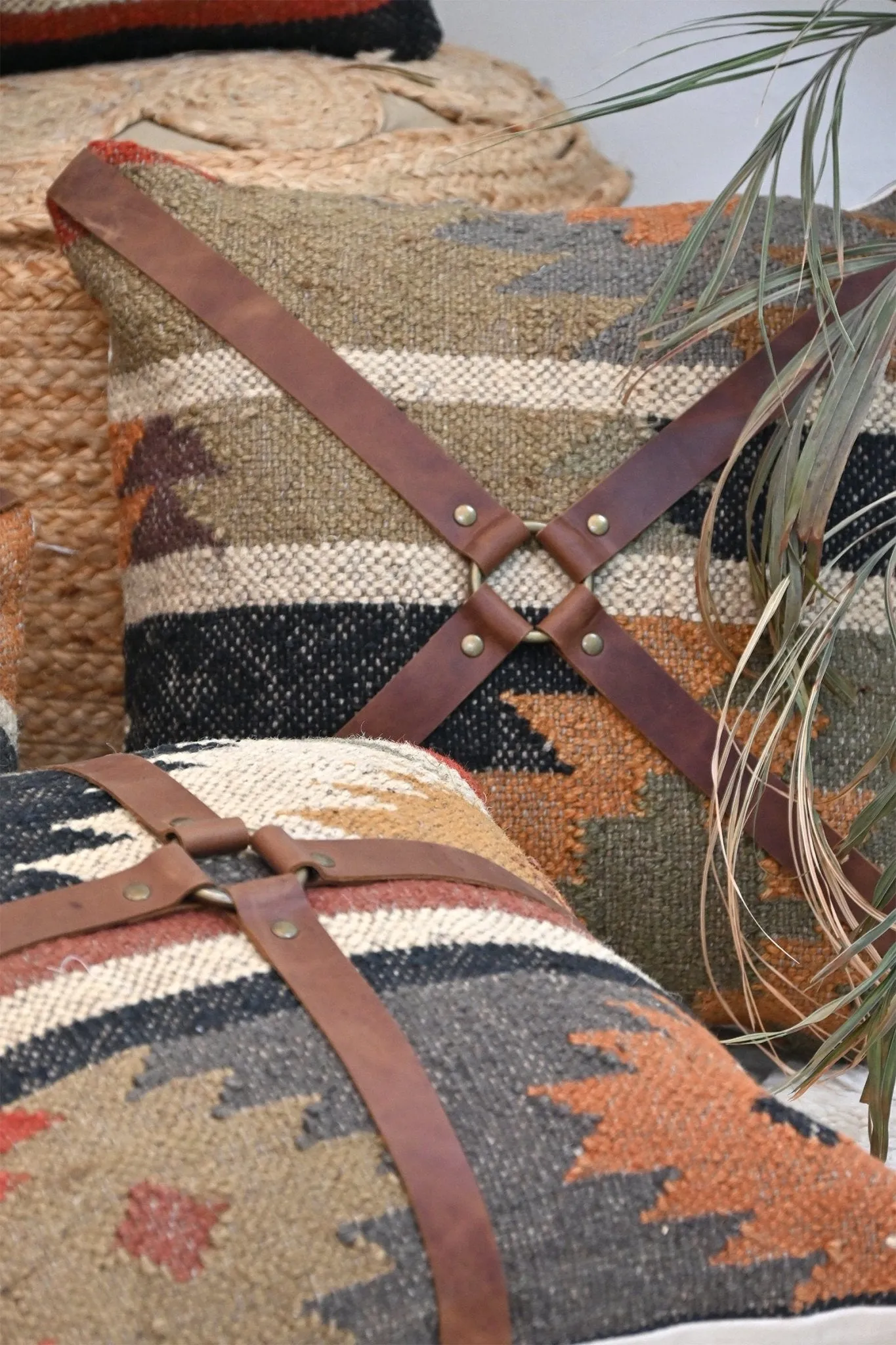 DALE KILIM IKAT & LEATHER CUSHION COVER