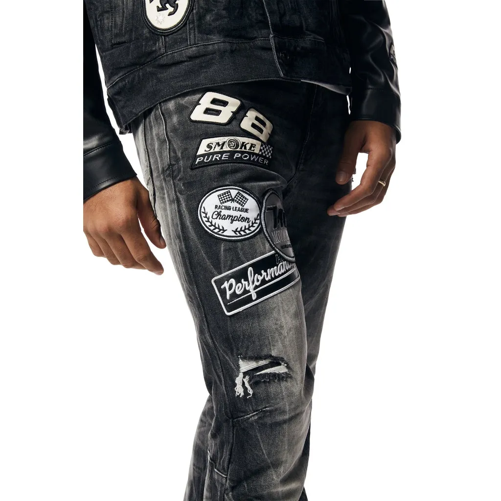 Embroidered Patched Racing Jean Jacket - Moon Black