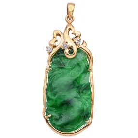 Estate 18K Yellow Gold Translucent Carved Green Grade Jade & Diamond Pendant