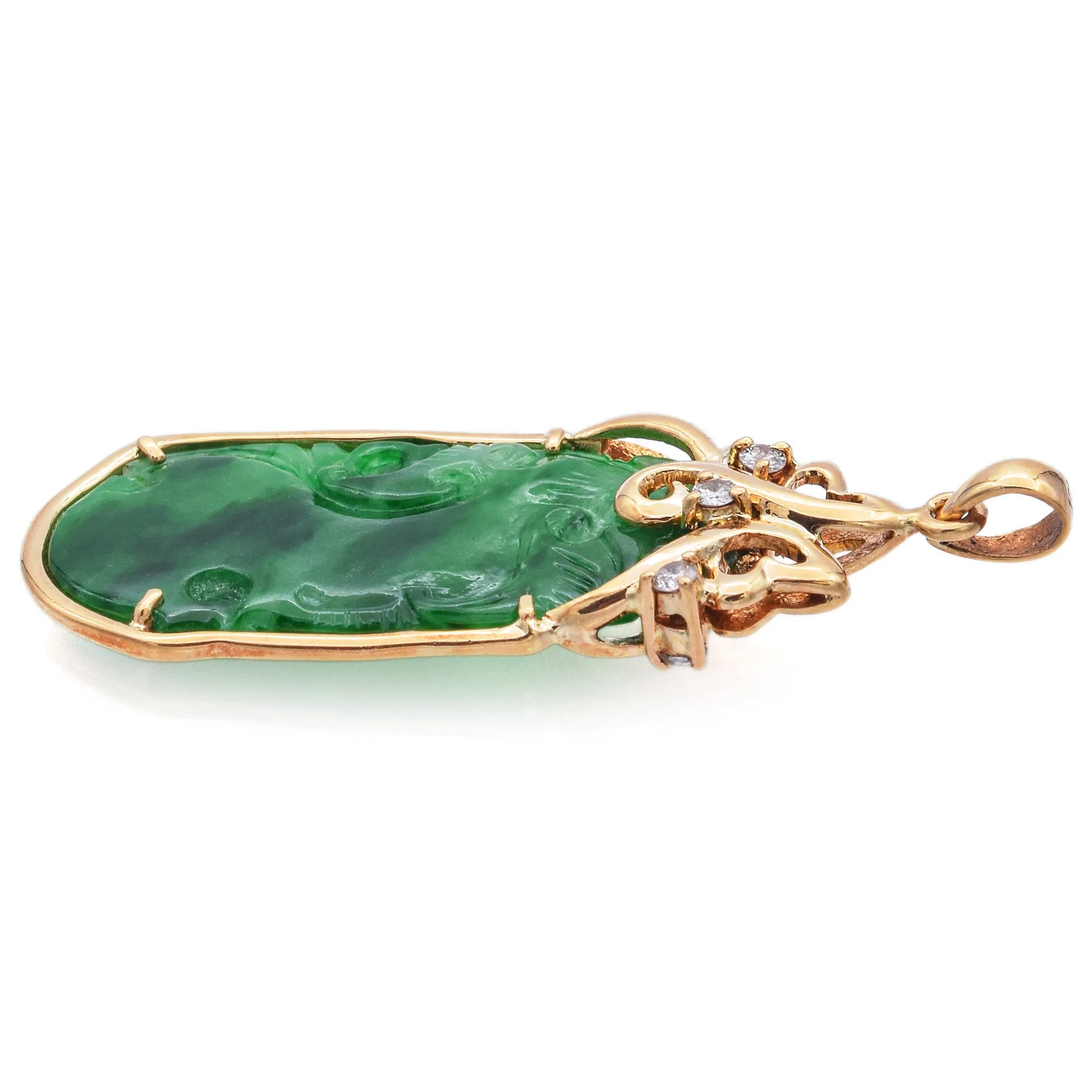 Estate 18K Yellow Gold Translucent Carved Green Grade Jade & Diamond Pendant