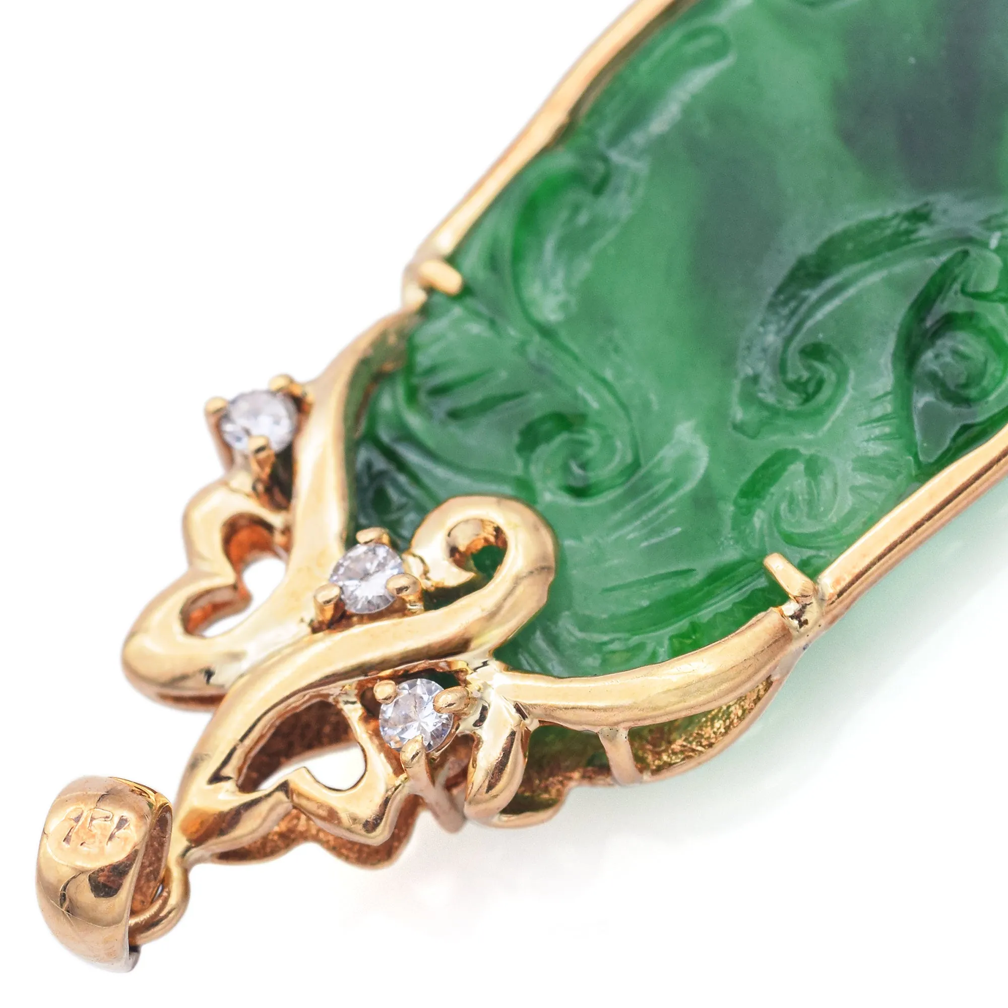 Estate 18K Yellow Gold Translucent Carved Green Grade Jade & Diamond Pendant