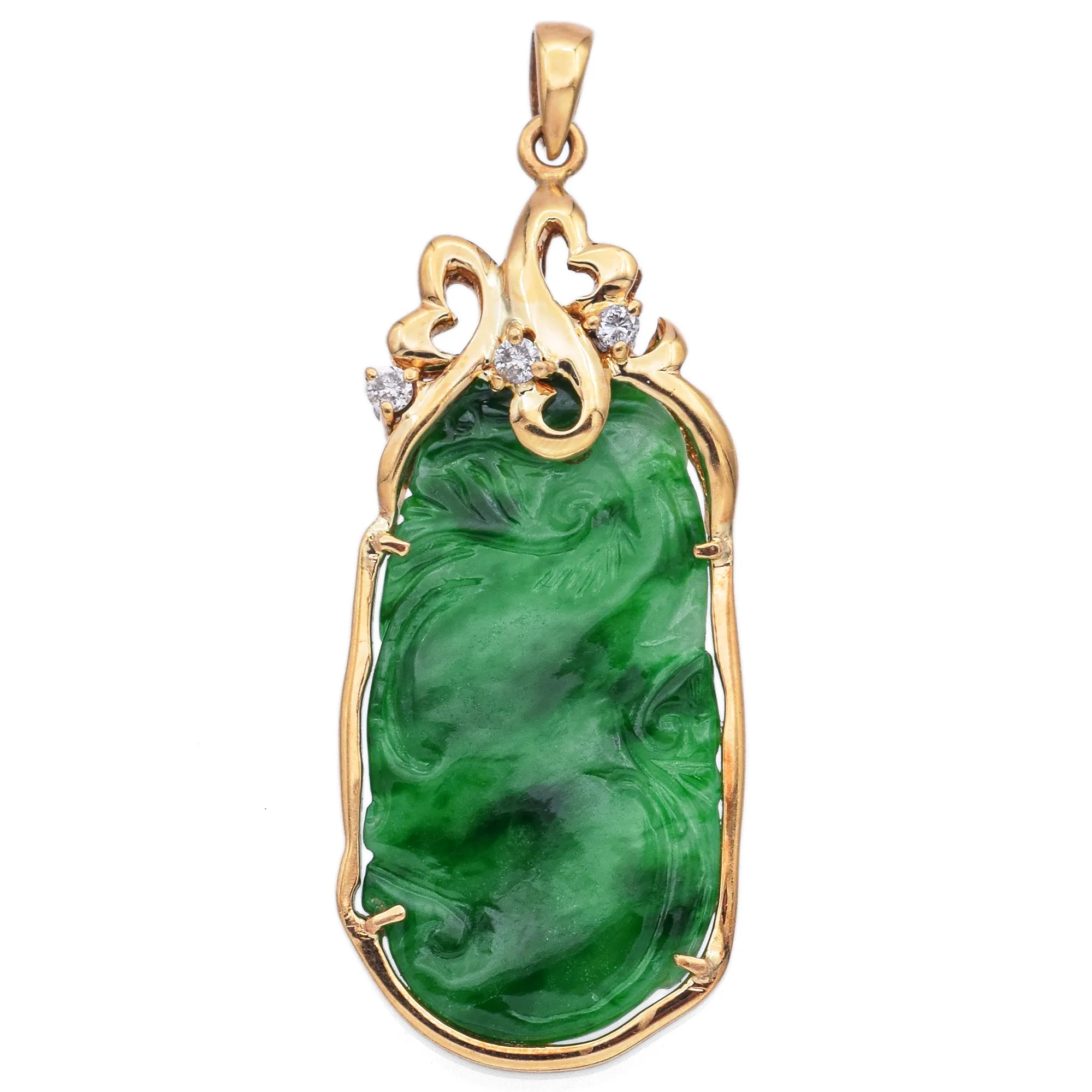 Estate 18K Yellow Gold Translucent Carved Green Grade Jade & Diamond Pendant