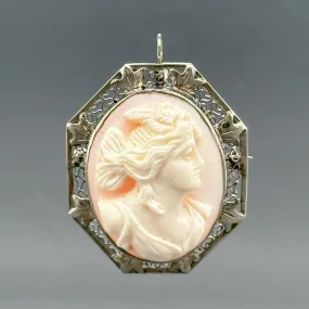 Estate Art Deco 10K W Gold Cameo Pendant/Pin