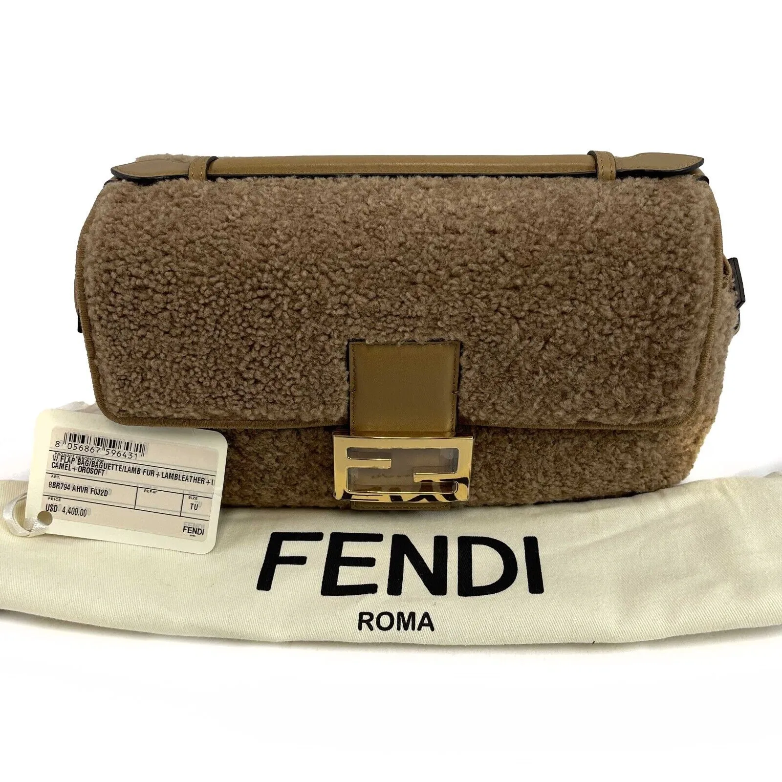 Fendi Baguette Brown Shearling Shoulder Bag 2021 handbag New w/ Tags