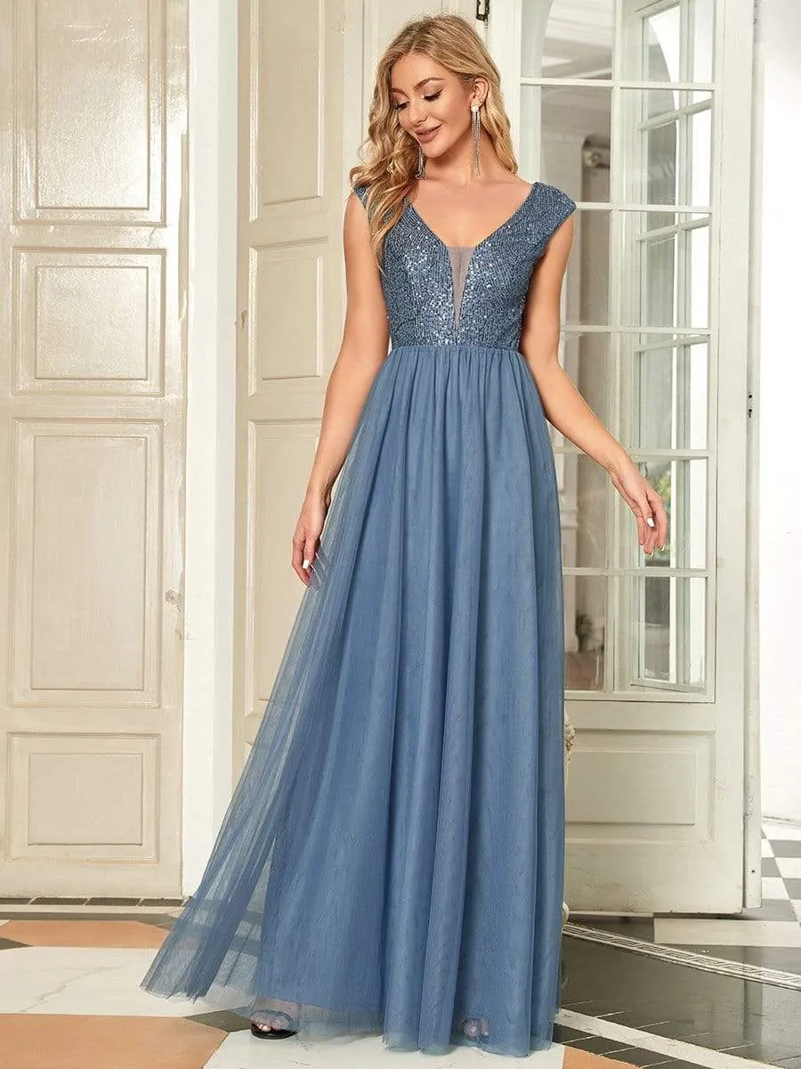 Floor Length Deep V Neck Sequin Prom Dresses for Women