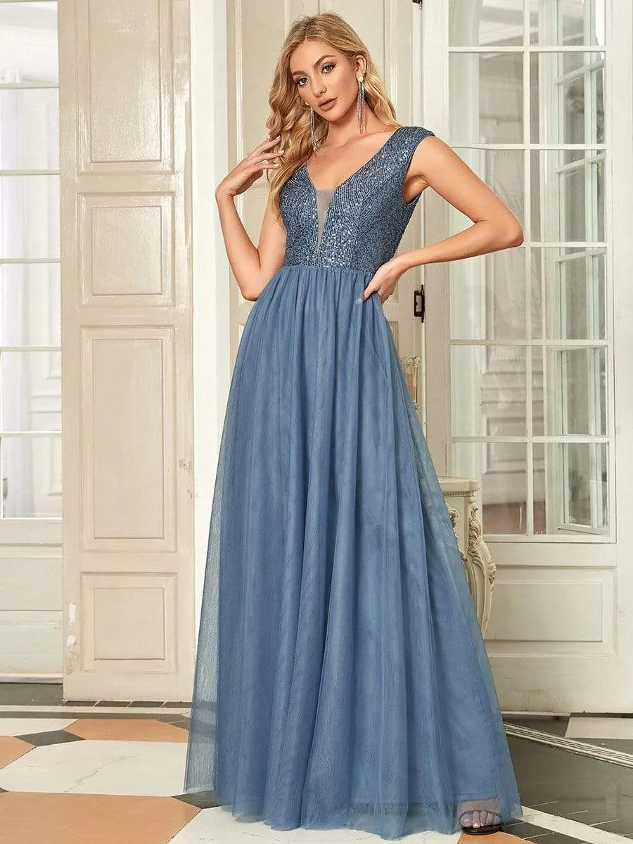 Floor Length Deep V Neck Sequin Prom Dresses for Women