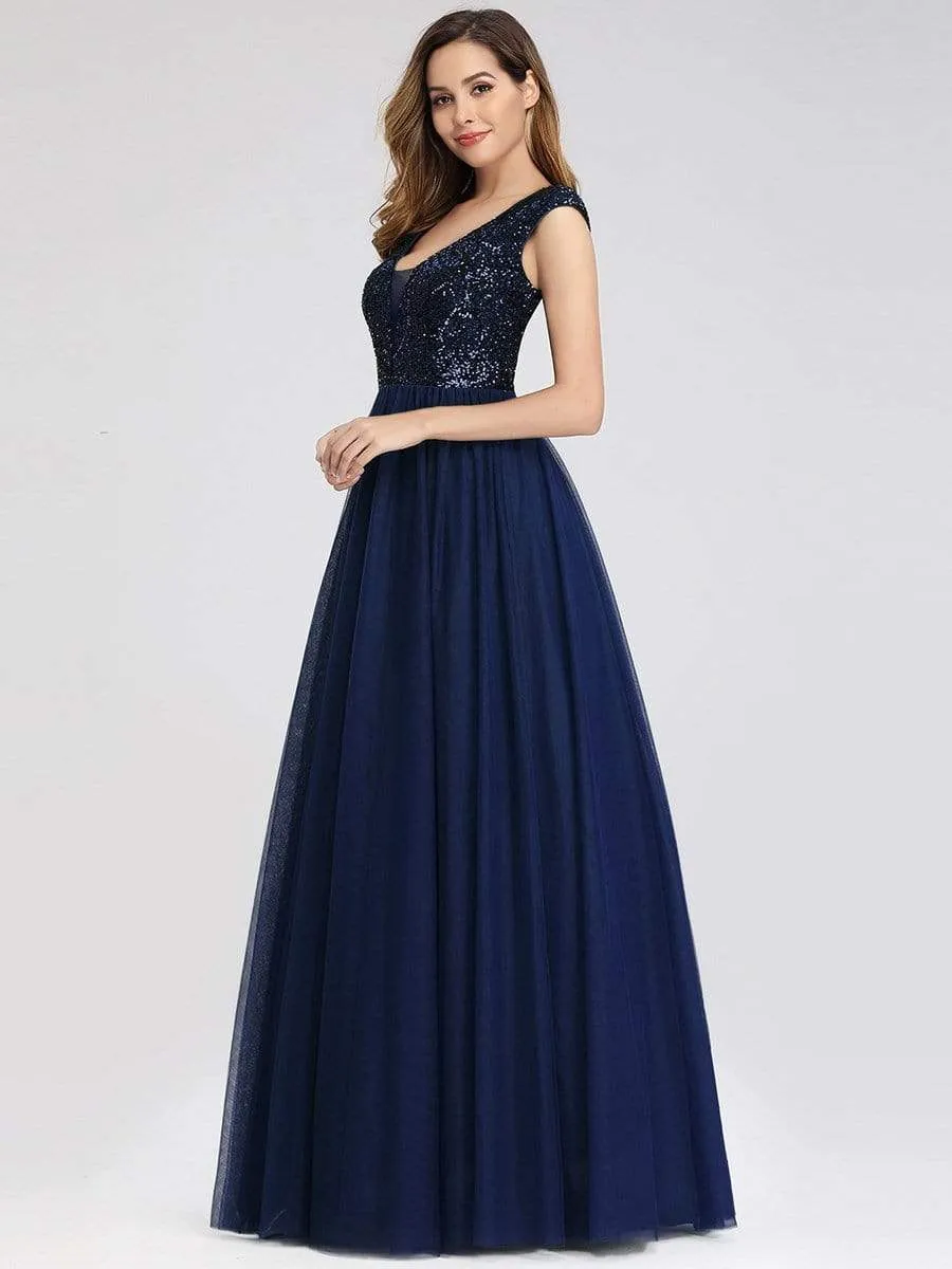 Floor Length Deep V Neck Sequin Prom Dresses for Women