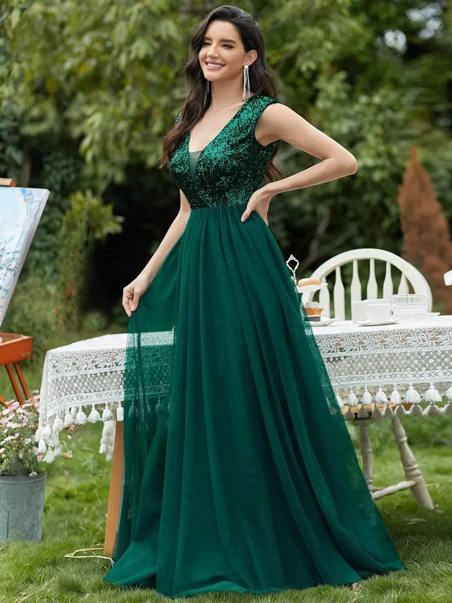 Floor Length Deep V Neck Sequin Prom Dresses for Women