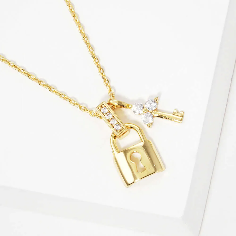 Gold Dipped Rhinestone Embellished Key Lock Pendant Necklace