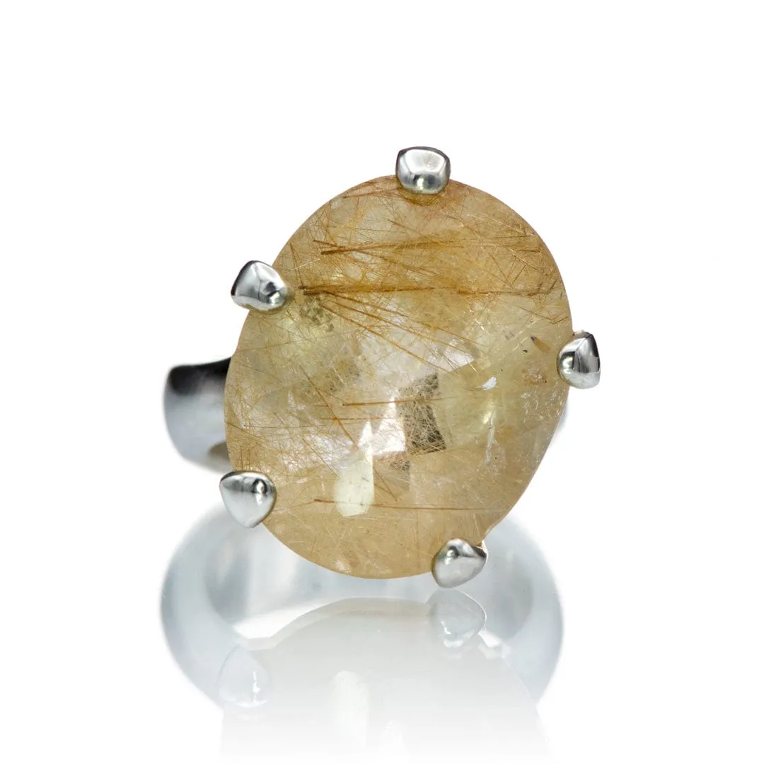 Golden Rutile Quartz Rock in Paw Prong Solitaire Sterling Silver Ring - Cocktail Ring, size 5