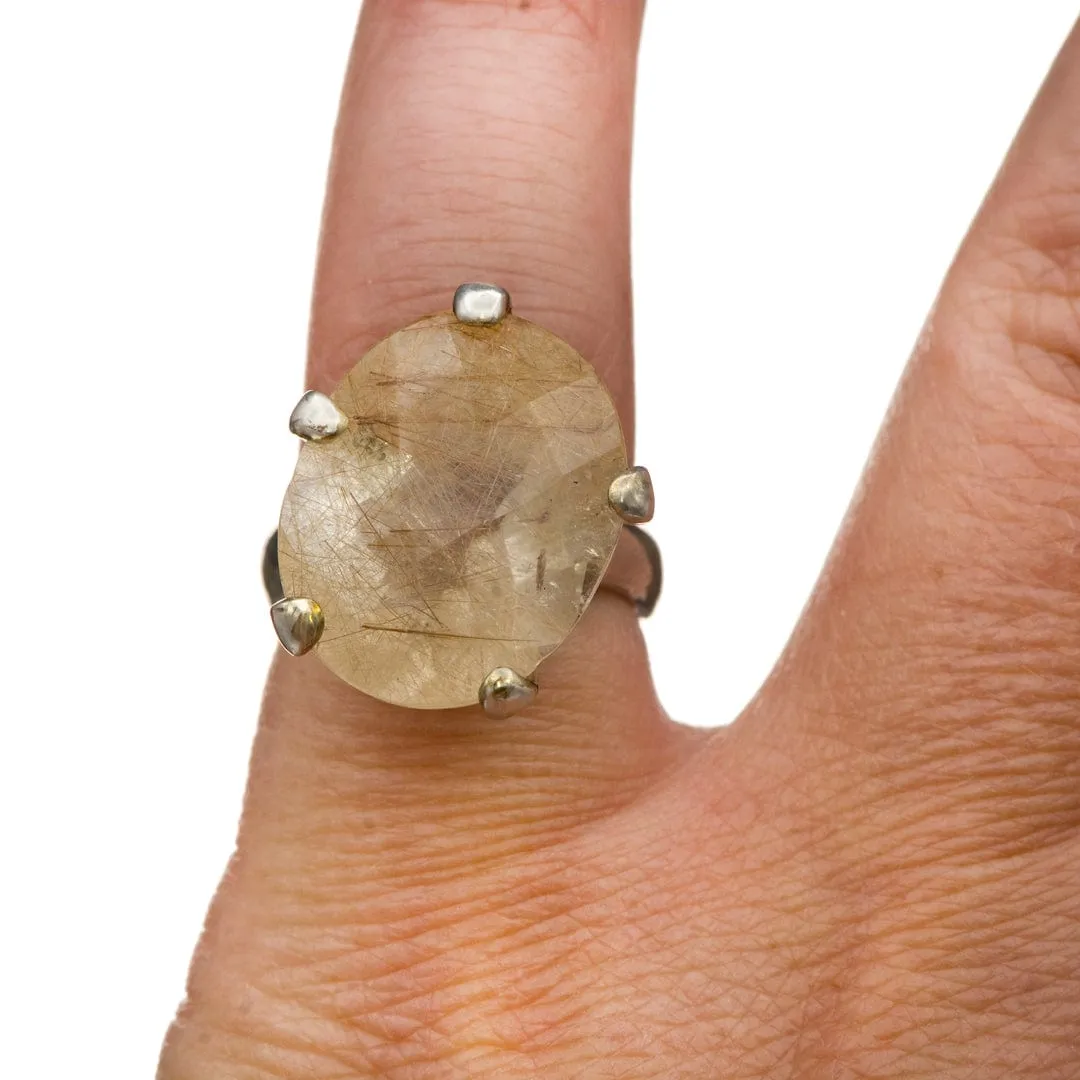 Golden Rutile Quartz Rock in Paw Prong Solitaire Sterling Silver Ring - Cocktail Ring, size 5