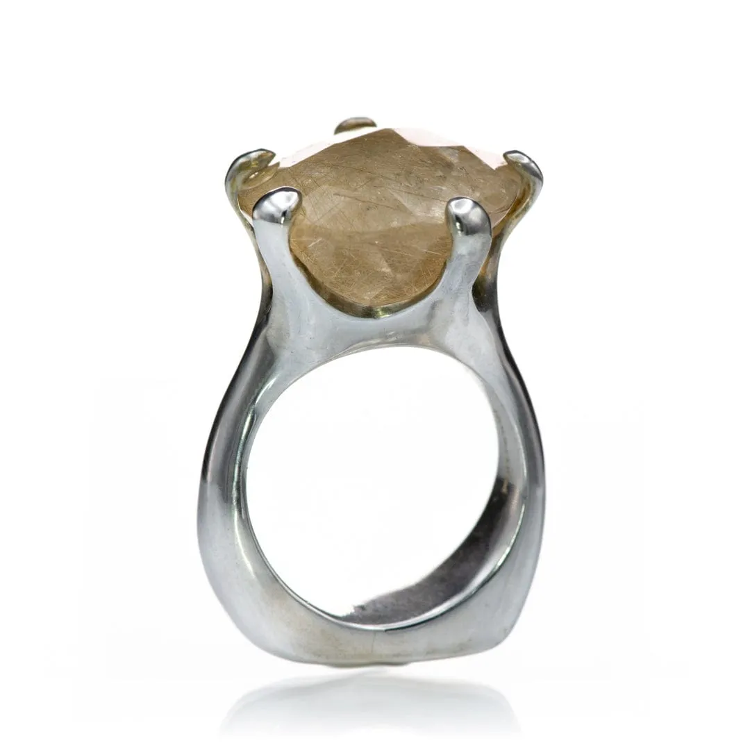 Golden Rutile Quartz Rock in Paw Prong Solitaire Sterling Silver Ring - Cocktail Ring, size 5