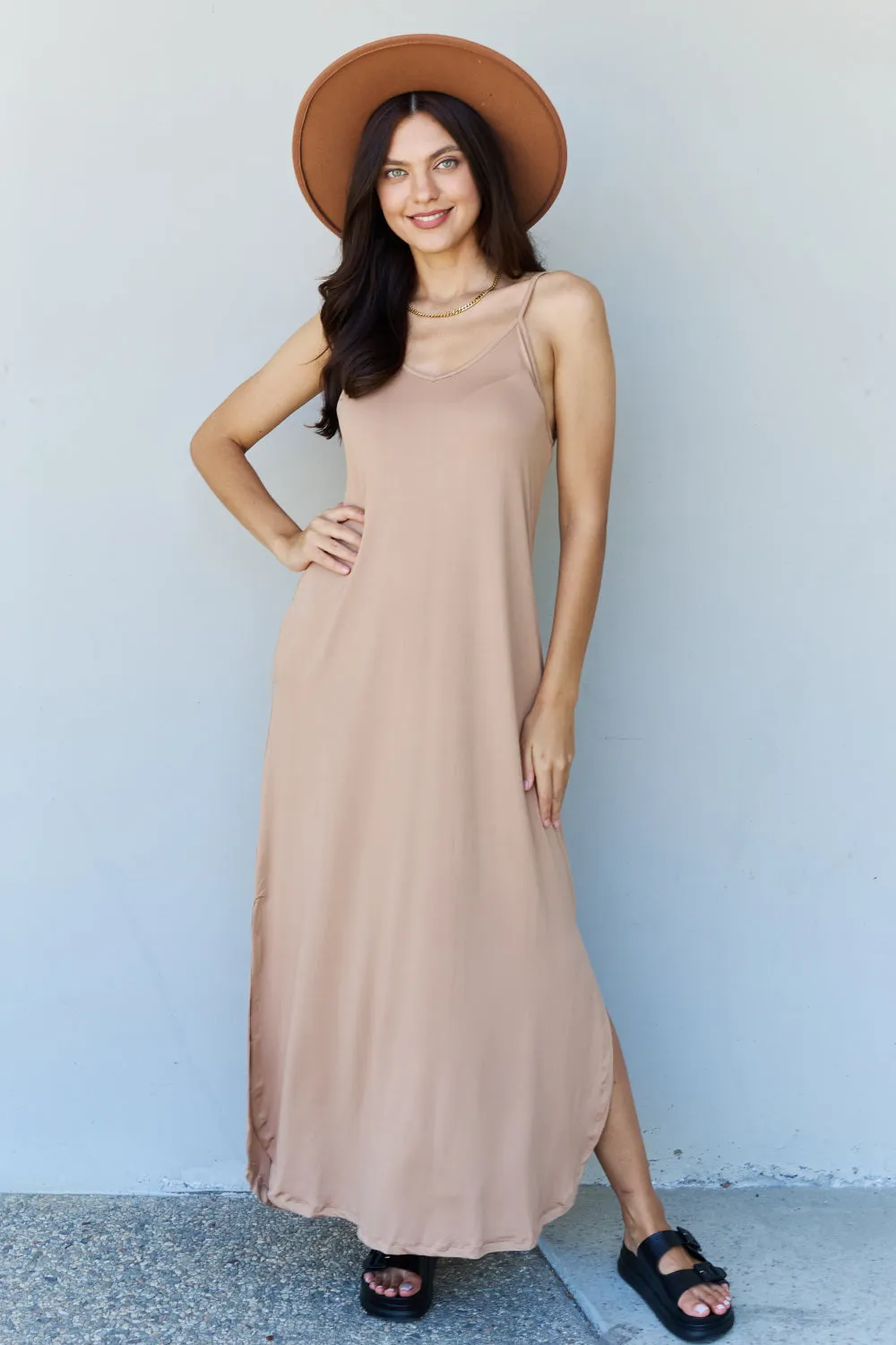 Good Energy Cami Side Slit Maxi Dress in Camel