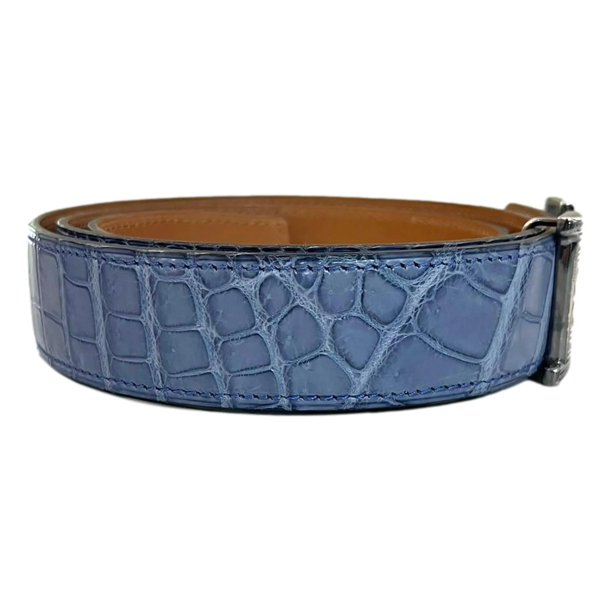 Hermes Crocodile Skin Belt With Solid Silver 'H' Touareg Large Buckle