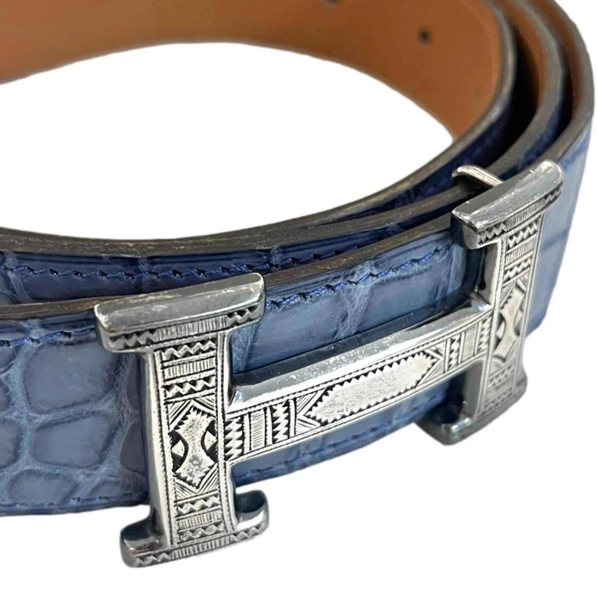 Hermes Crocodile Skin Belt With Solid Silver 'H' Touareg Large Buckle