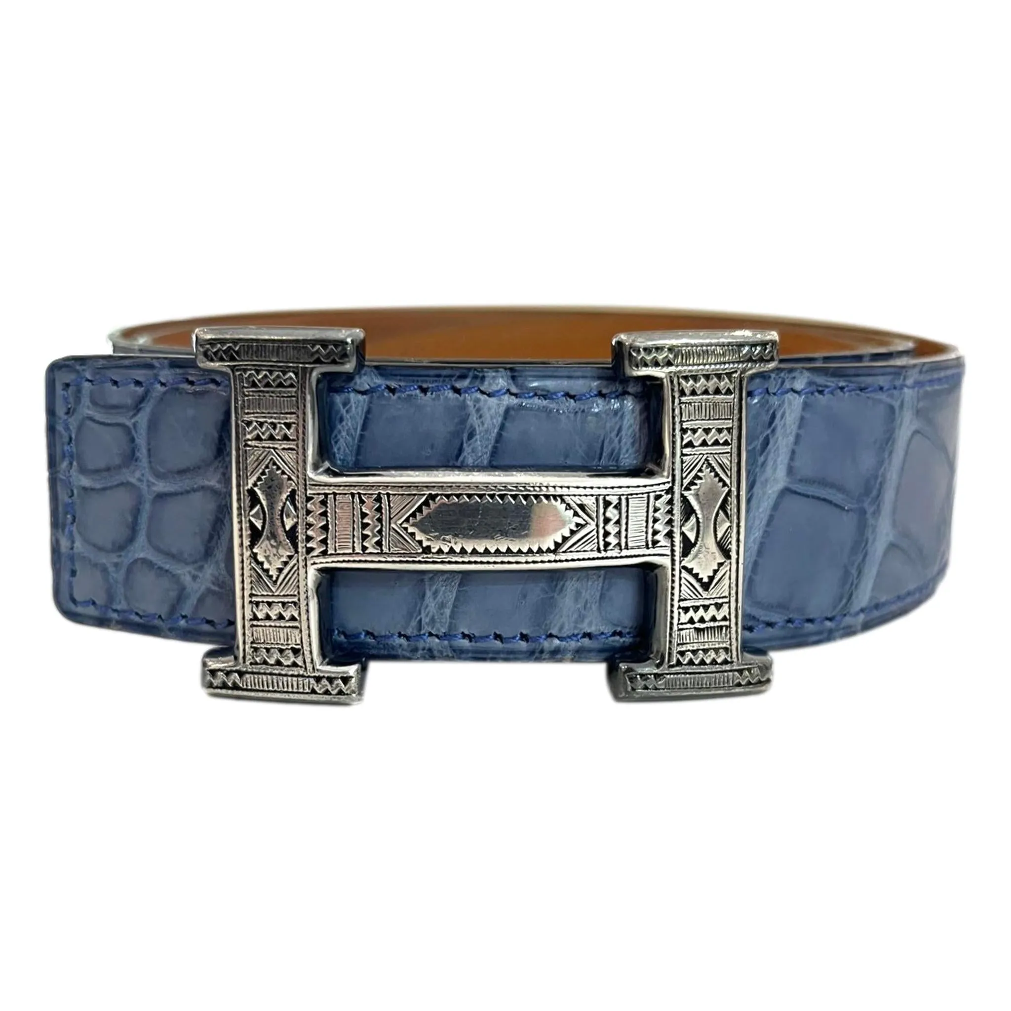 Hermes Crocodile Skin Belt With Solid Silver 'H' Touareg Large Buckle