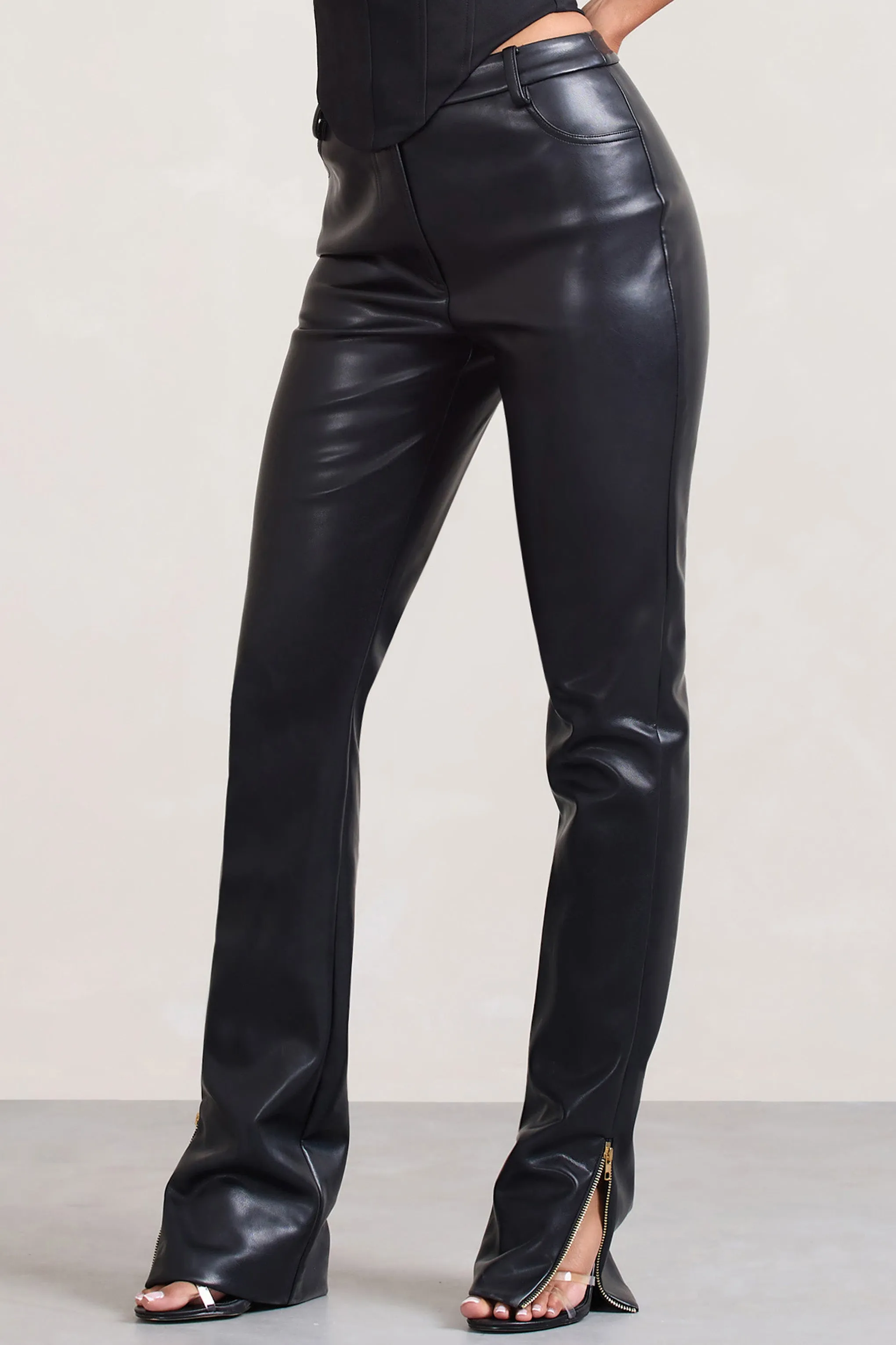 Jackie | Black Faux Leather High-Waisted Jeans With Ankle Zips