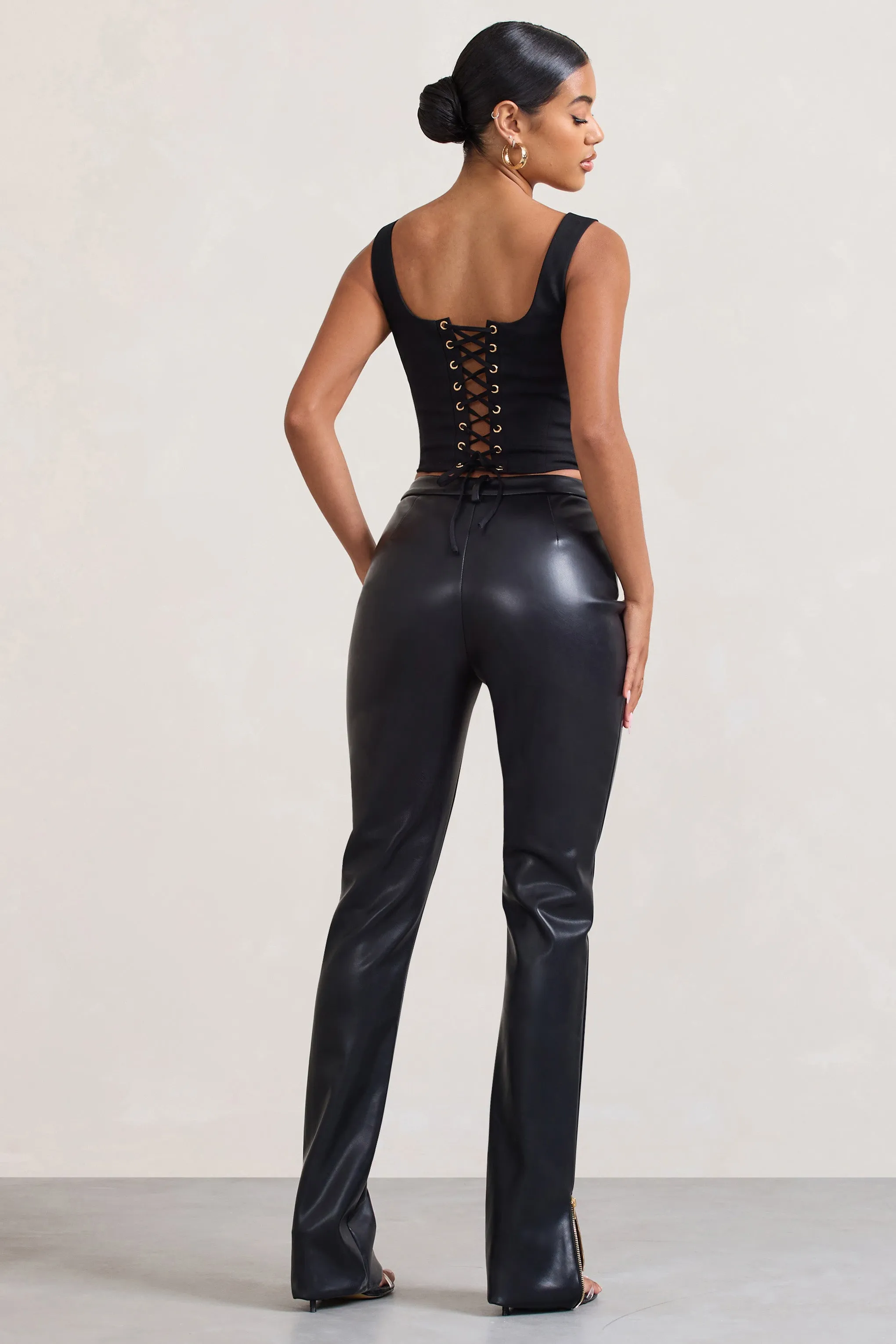 Jackie | Black Faux Leather High-Waisted Jeans With Ankle Zips