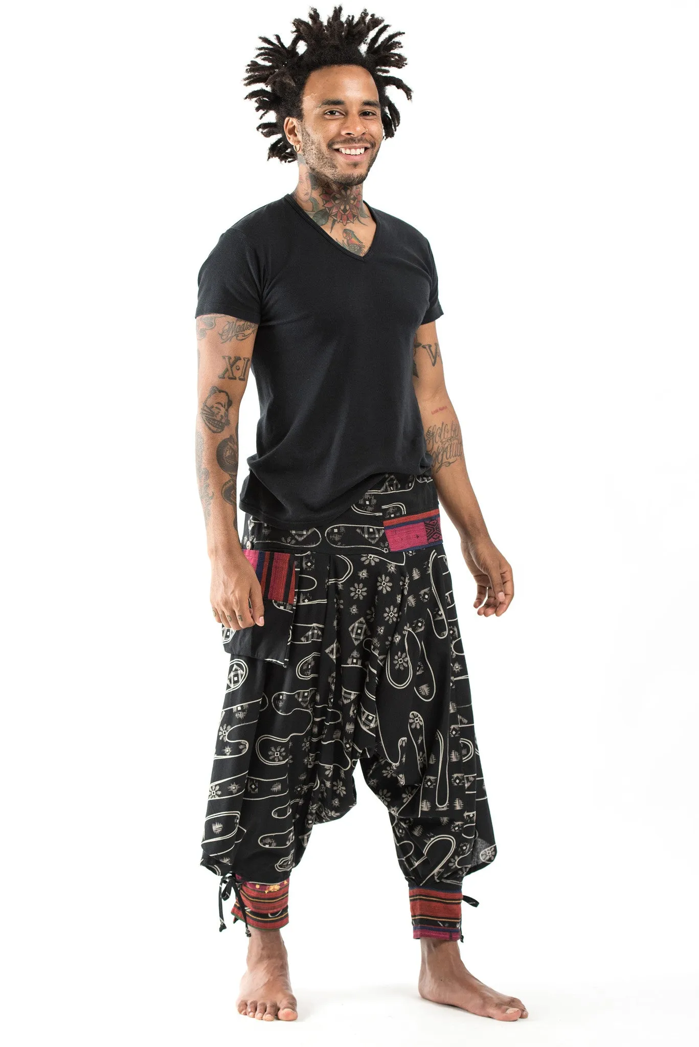 Japanese Print Hill Tribe Drawstring Men's Harem Pants with Ankle Straps