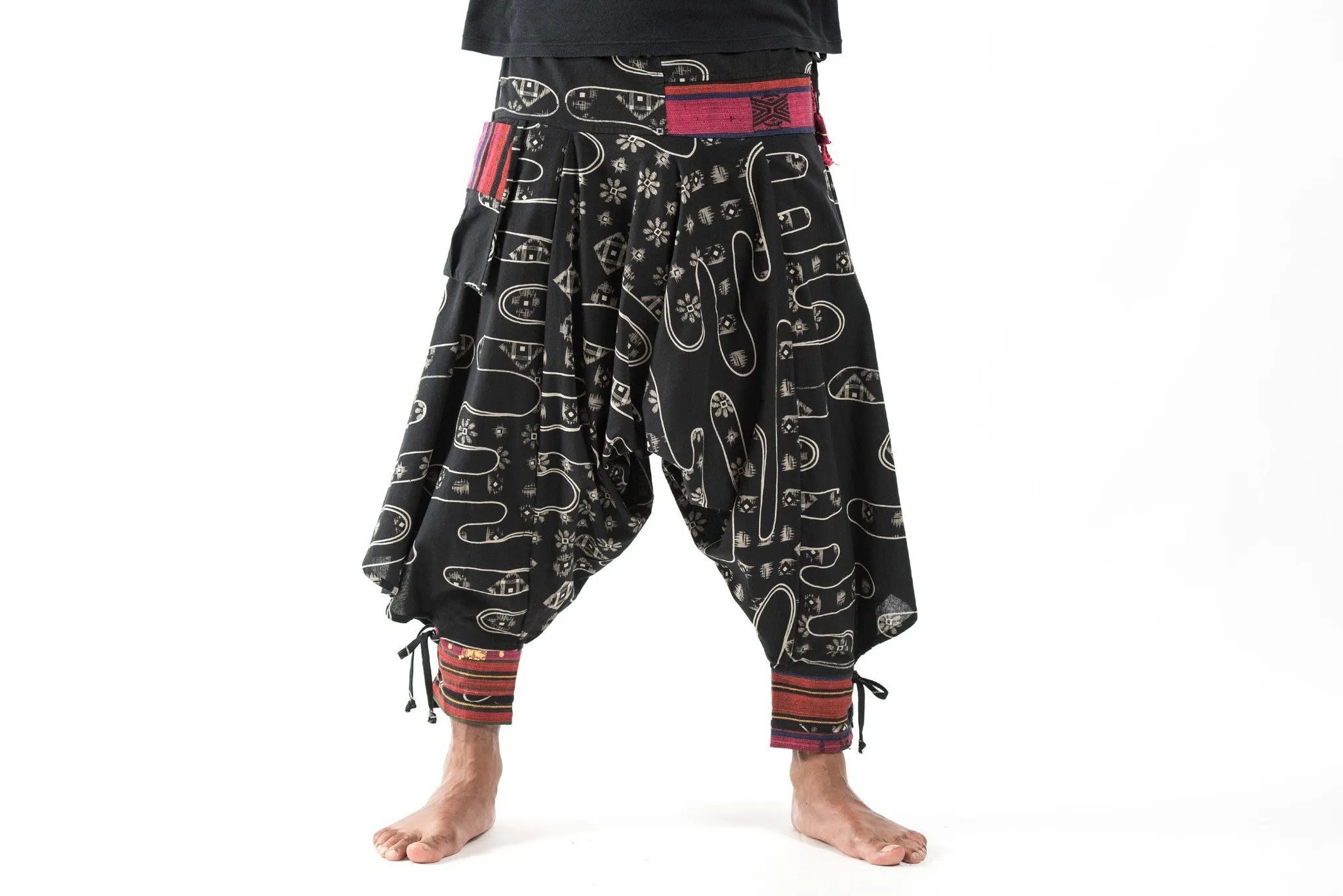 Japanese Print Hill Tribe Drawstring Men's Harem Pants with Ankle Straps