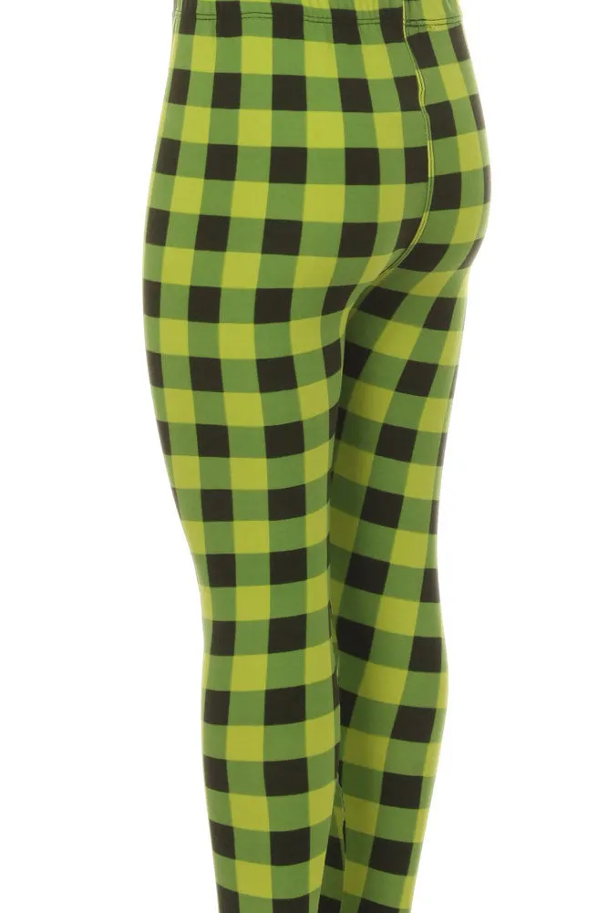 Kid's colorful Lime Plaid Pattern Printed Leggings