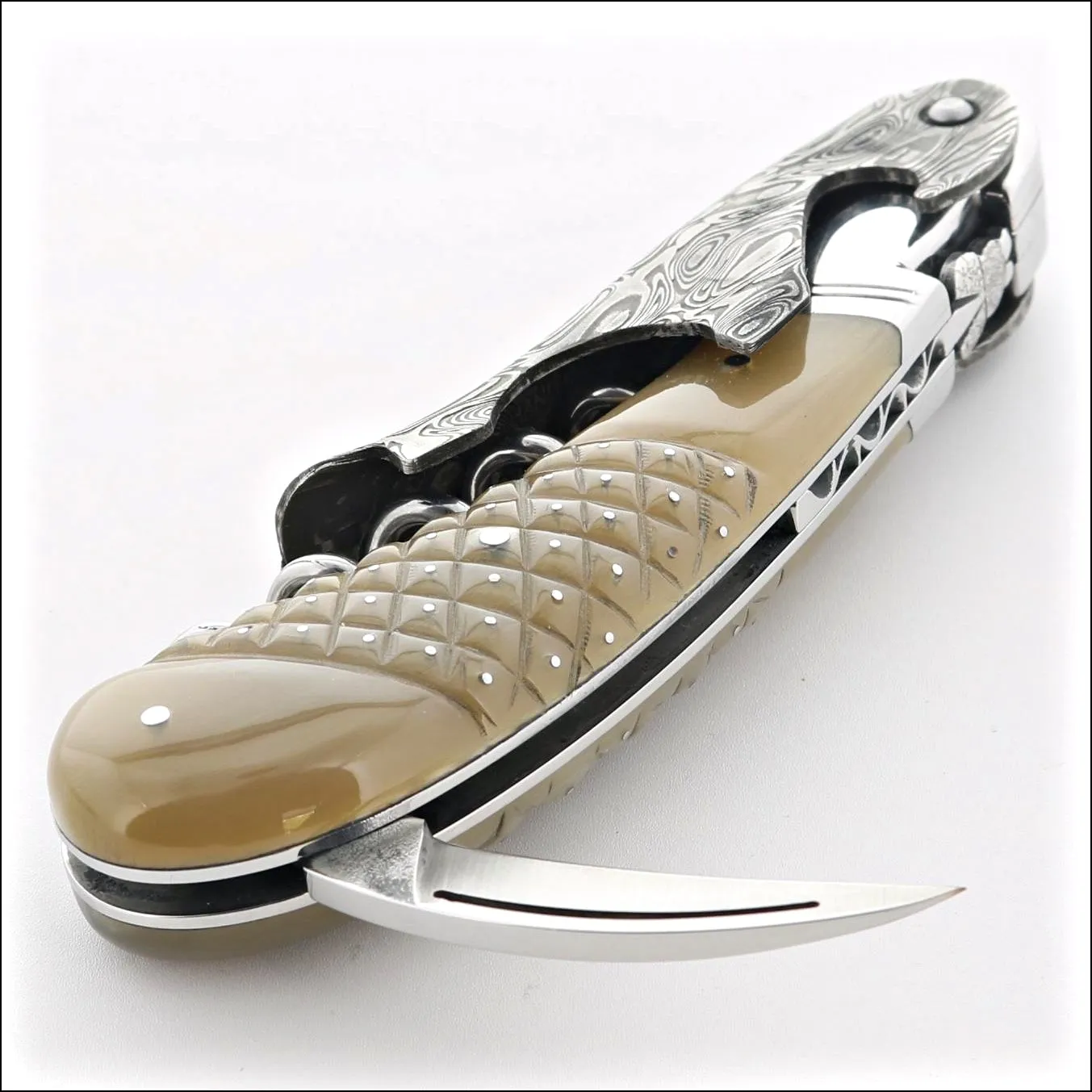 Laguiole Magnum Damascus Studded Horn Tip Corkscrew