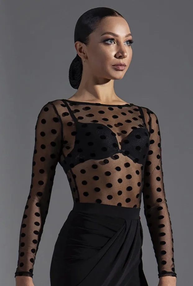 Long Sleeve Polka Dot Mesh Practice Top for Latin or Ballroom (No Bodysuit) PRA 605