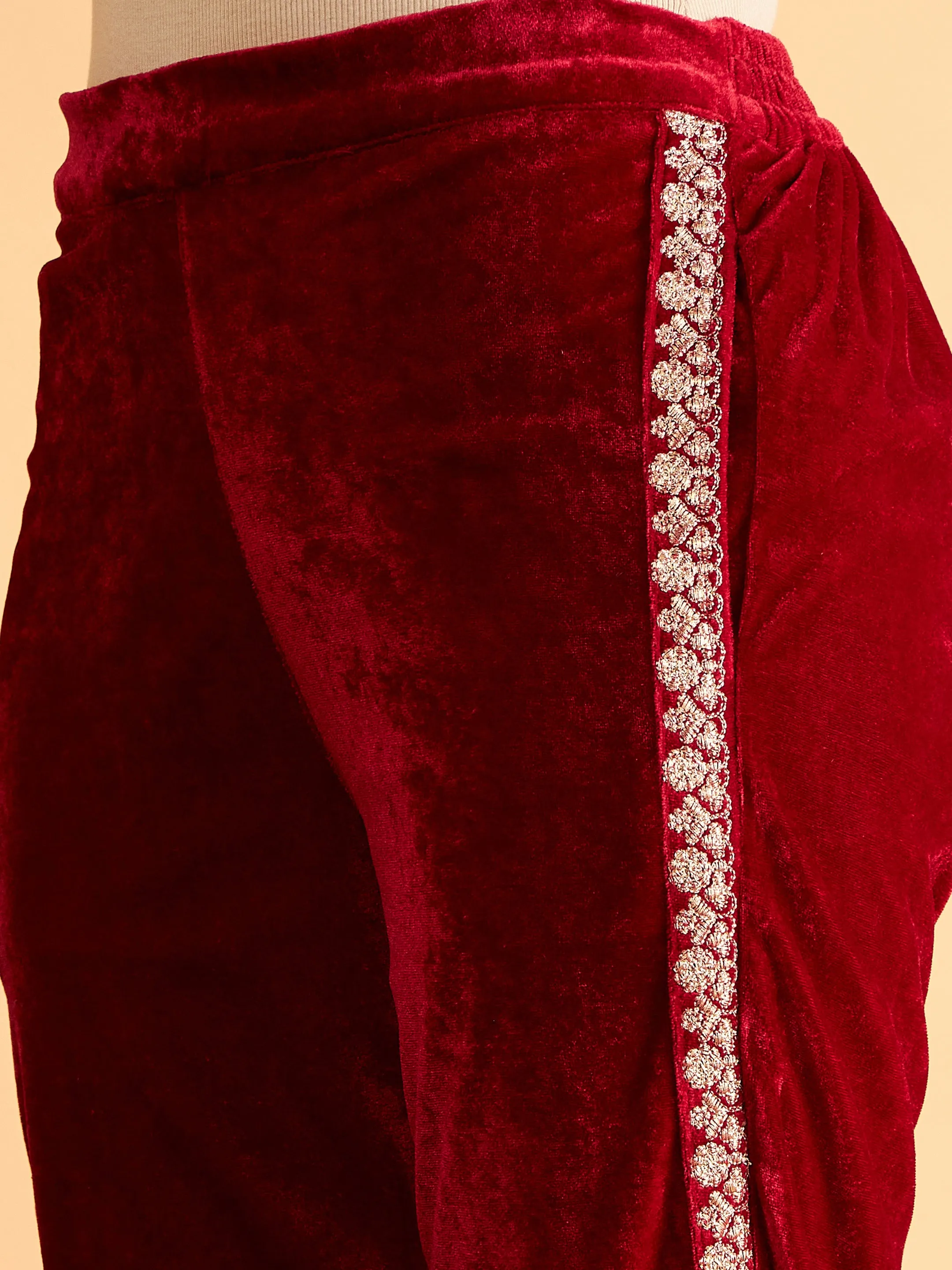 Maroon Velvet Side Embroidered Pencil Pants