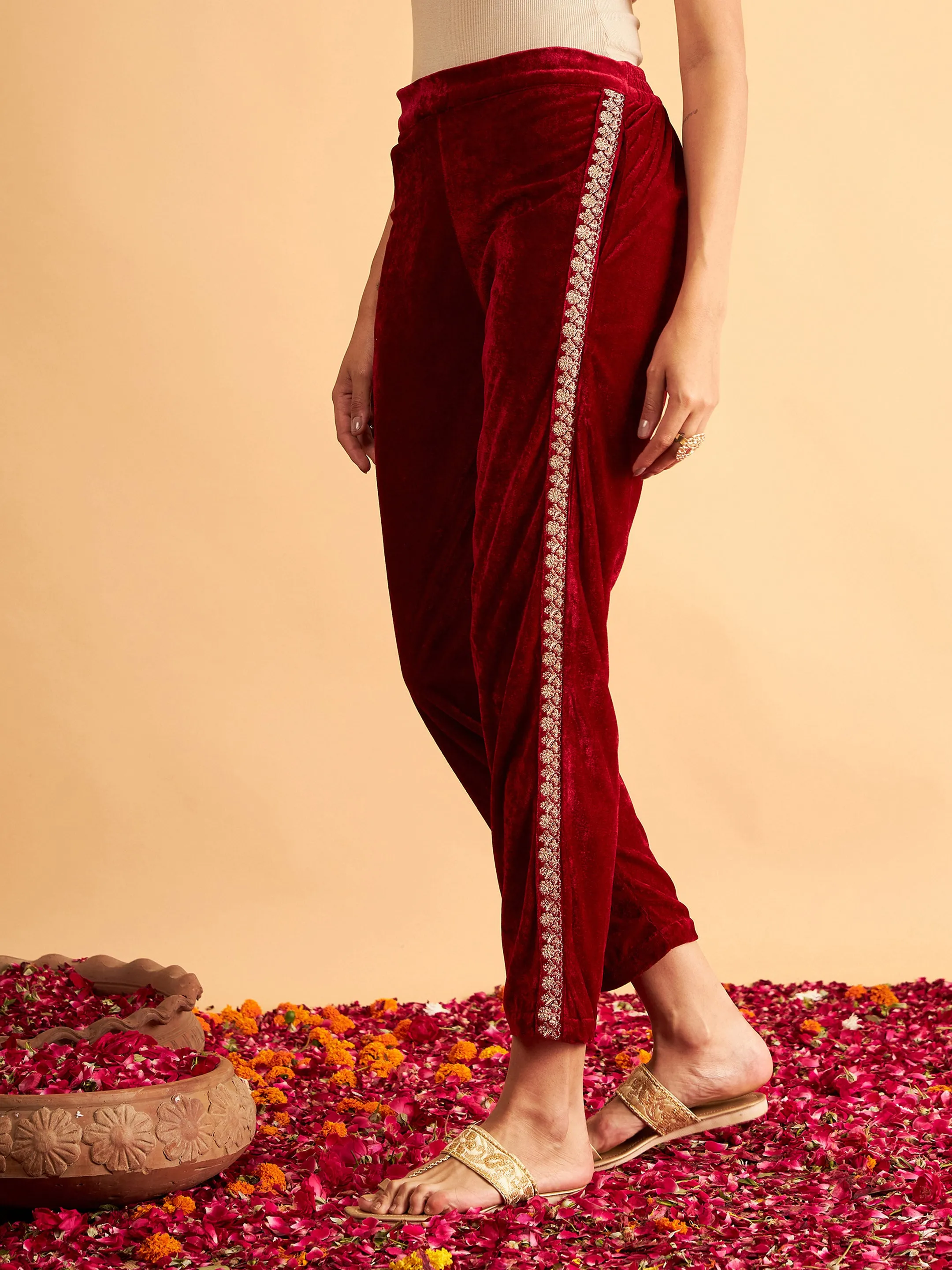 Maroon Velvet Side Embroidered Pencil Pants