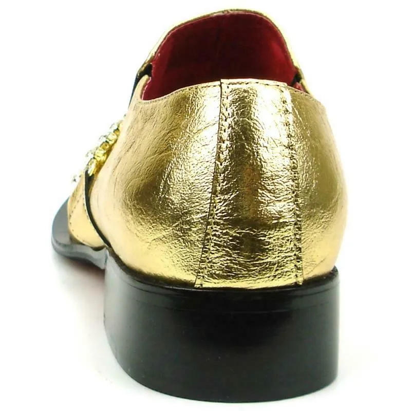 Men's Fiesso Gold Designer Rhinestones Pointed Metal Tip Shoes FI 7460